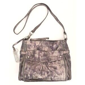 B Makowsky Crossbody Metallic Silver Gray Marbleized Leather Zipper Trim Dustbag
